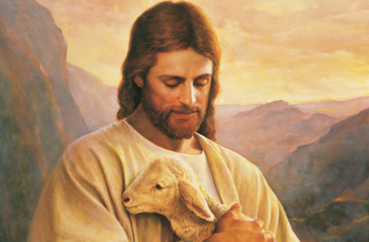Jesus holding a lost lamb from the bible parable of the lost sheep 