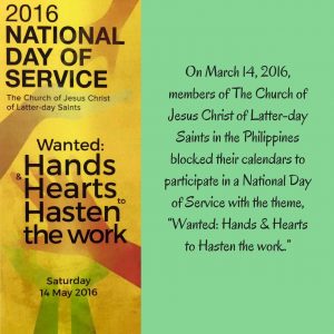 March 14, 2016, Mormon members participated in the 2016 National Day of Service